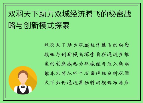 双羽天下助力双城经济腾飞的秘密战略与创新模式探索
