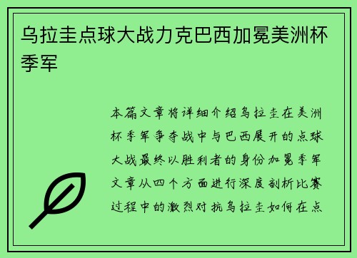 乌拉圭点球大战力克巴西加冕美洲杯季军
