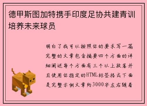 德甲斯图加特携手印度足协共建青训培养未来球员